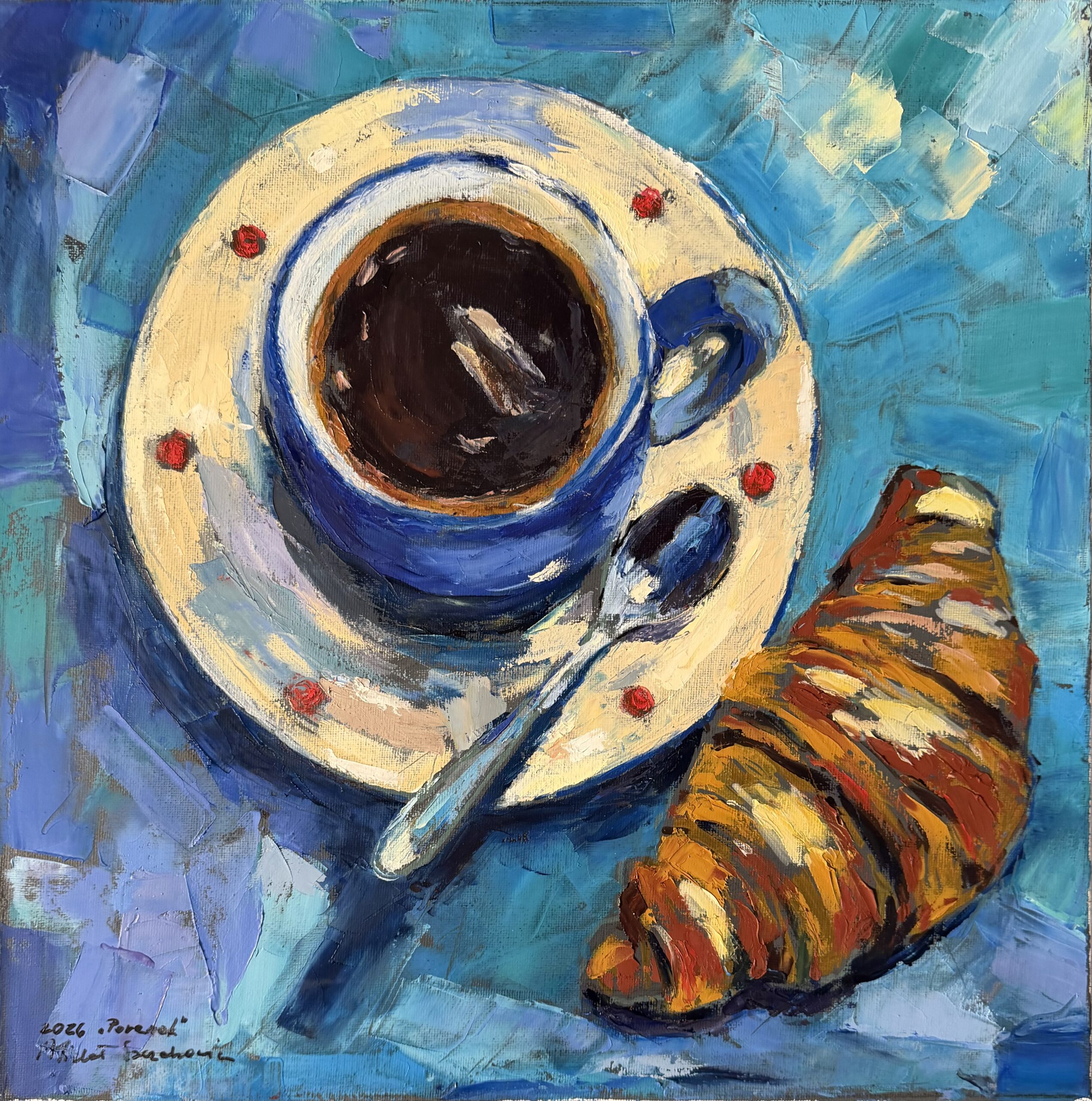 Obraz olejny na płótnie – wykonany szpachlą ( impasto ) „Poranek”. 40 x 40 cm. Wykonany farbami olejnymi Royal Talens.