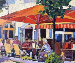 Obraz olejny na płótnie – wykonany szpachlą ( impasto ) „Kawiarnia w Binz”. 2026. 50 x 60 cm. Autor: Michał Szczechowicz
