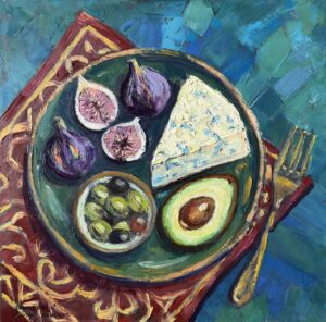 Obraz olejny na płótnie – wykonany szpachlą ( impasto ) „Kolacja”. 2026. 40 x 40 cm.