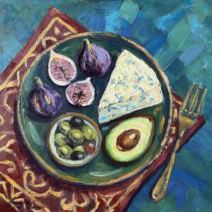 Obraz olejny na płótnie – wykonany szpachlą ( impasto ) „Kolacja”. 2026. 40 x 40 cm.