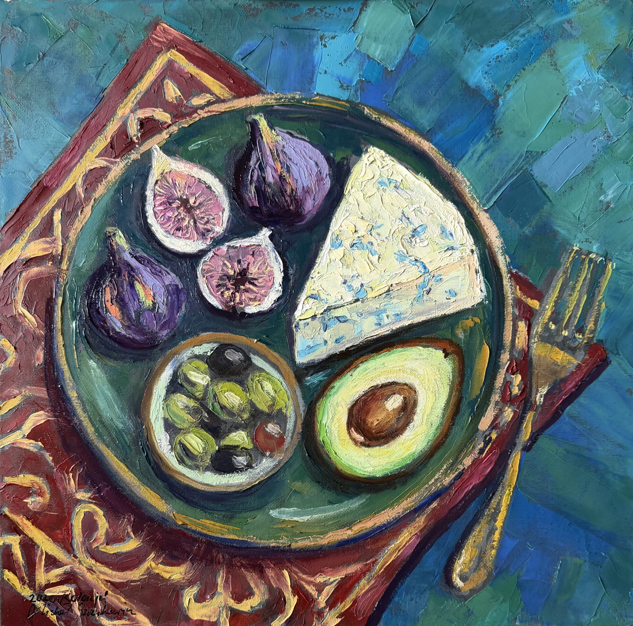 Obraz olejny na płótnie – wykonany szpachlą ( impasto ) „Kolacja”. 2026. 40 x 40 cm.