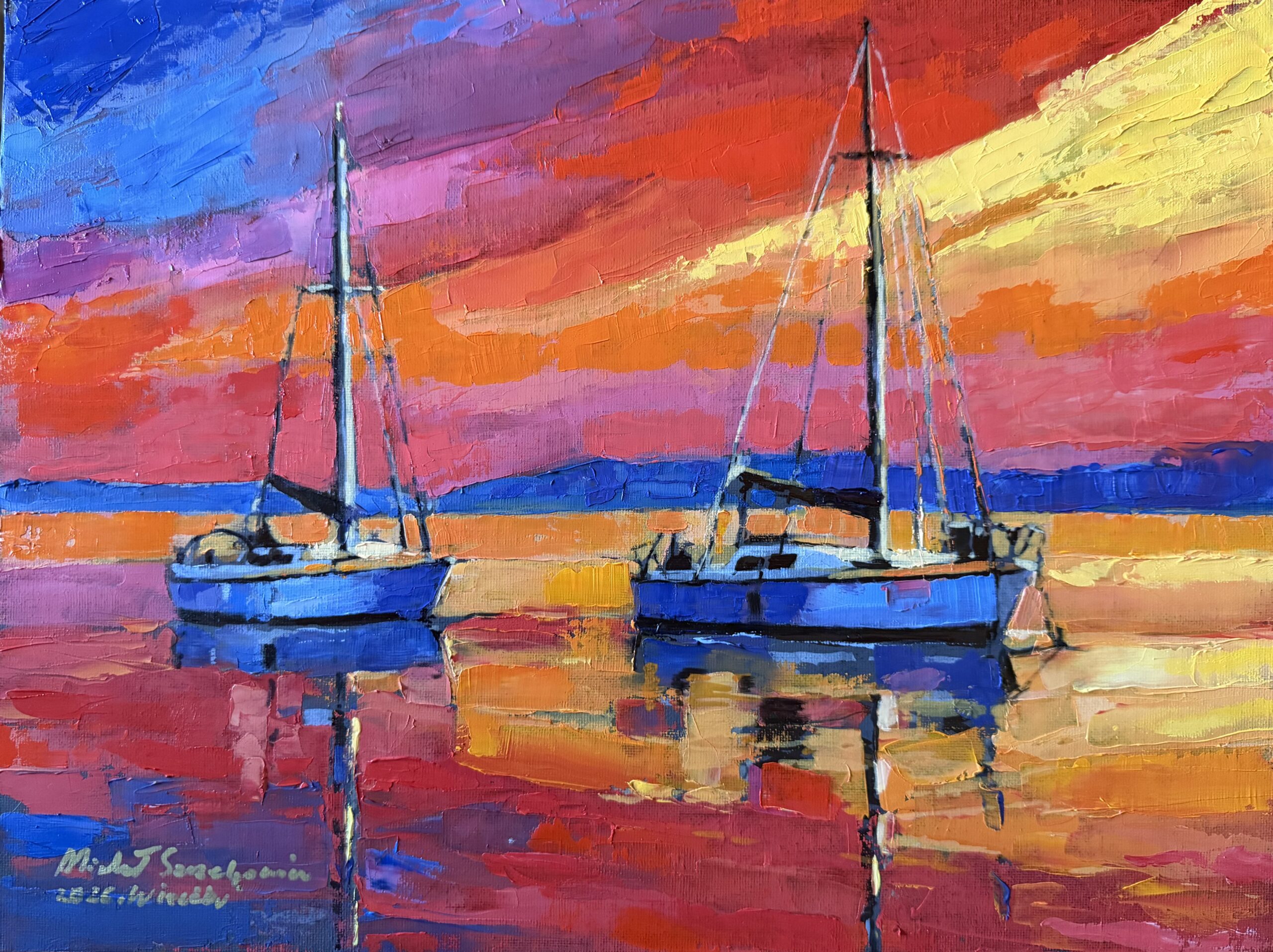 "Wieczór" Obraz olejny na płótnie wykonany szpachlą. 40x30 cm. Autor: Michał Szczechowicz